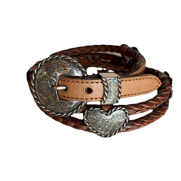 Brighton Double Braided Cowgirl Leather Belt Silver Heart Concho 71706 Size 30 - Picture 2 of 12